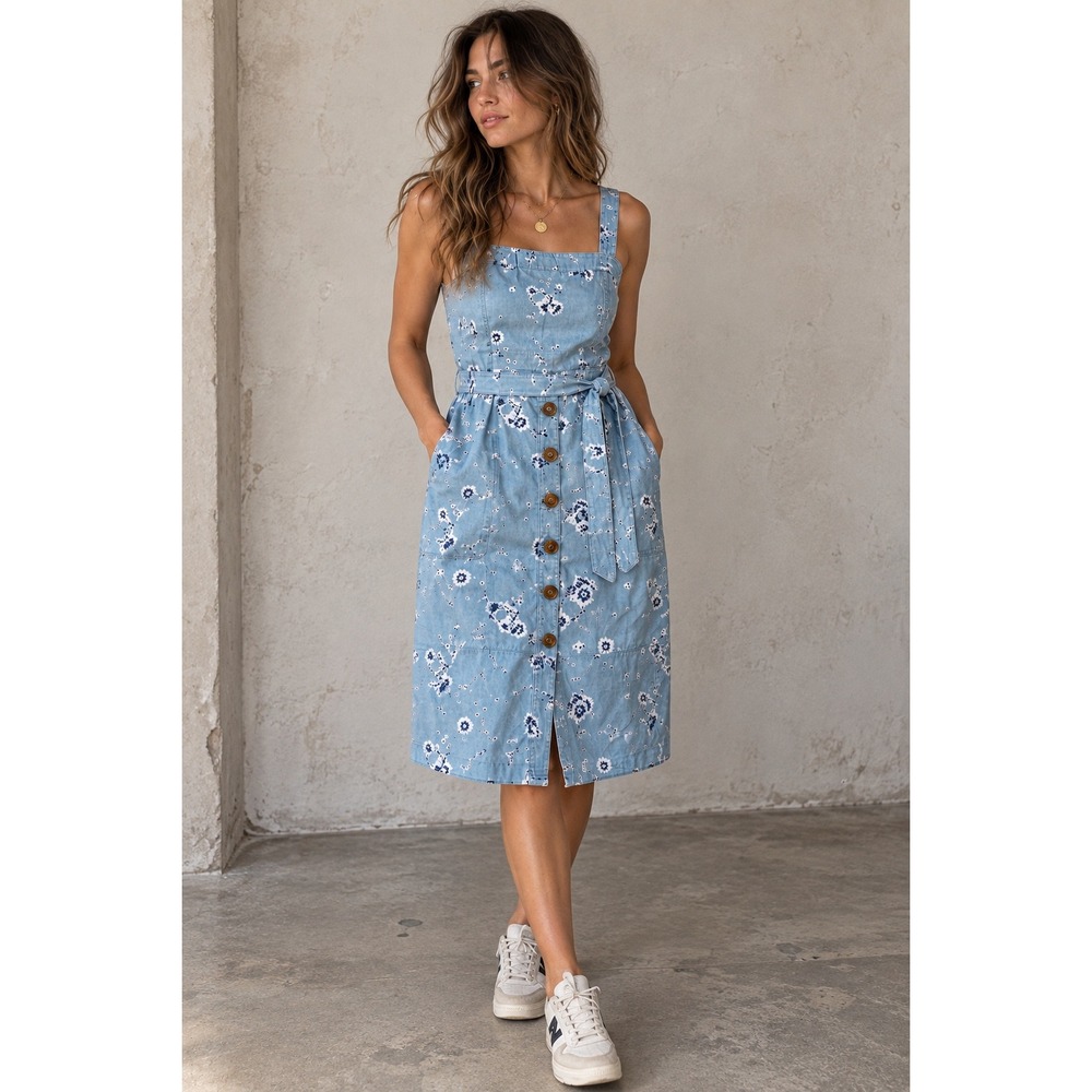 Gap Women Blue Floral Cotton Linen Paneled Apron Midi Dress Size 6 547233-00